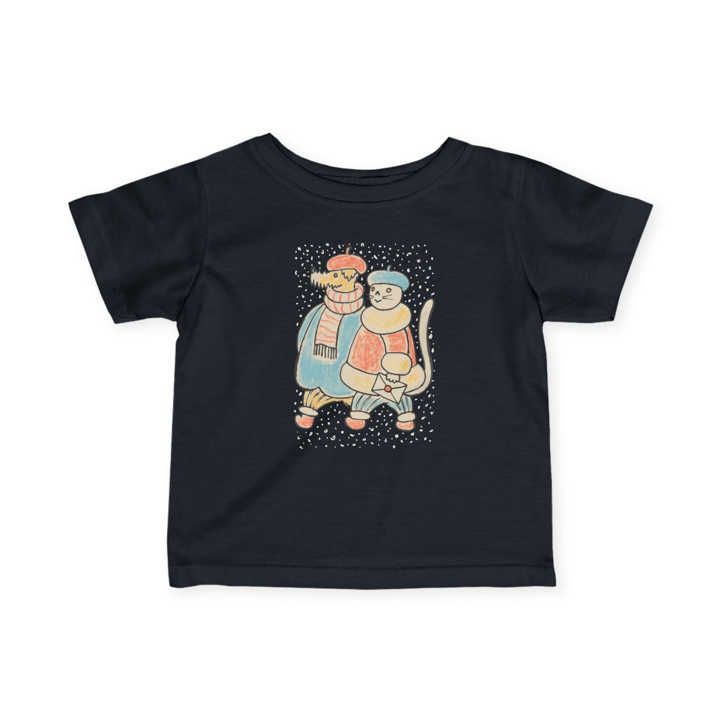 Dog and Cat on a Snowy Winter Walk Baby T-Shirt