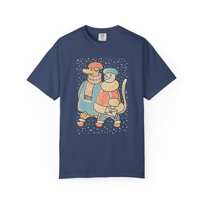 Dog and Cat on a Snowy Winter Walk T-Shirt Unisex