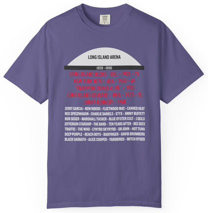 T-shirt with graphic of Long Island Arena and text of sports teams and music acts that played there.