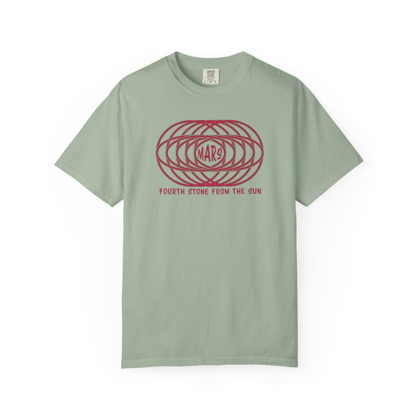 T-shirt with text "MARS" in the center of a futuristic graphic design and "Fourth Stone from the Sun" below the graphic.