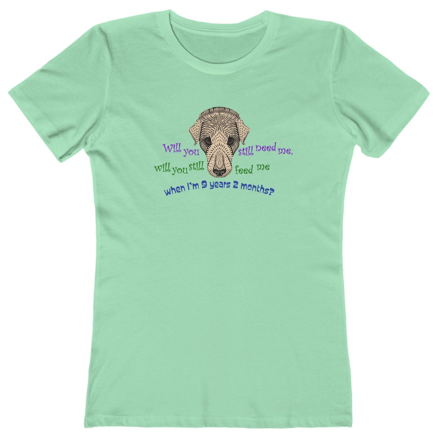 T-shirt with dog graphic and Beatles lyric text.