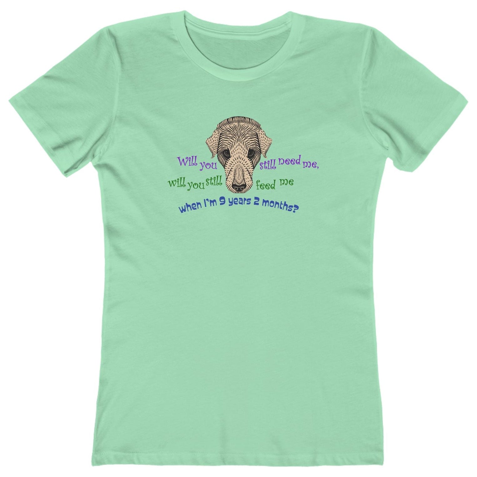 T-shirt with dog graphic and Beatles lyric text.