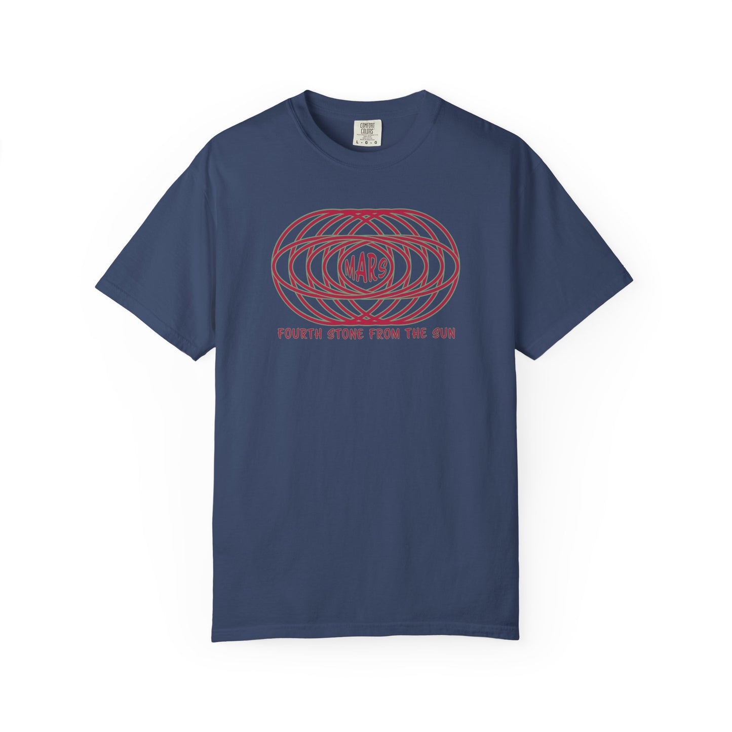 T-shirt with text "MARS" in the center of a futuristic graphic design and "Fourth Stone from the Sun" below the graphic.