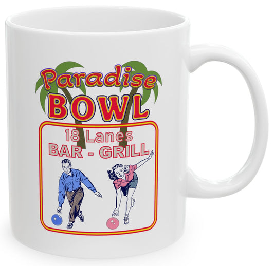 White mug with 'Paradise Bowl' and '18 Lanes Bar & Grill' design featuring people bowling.
