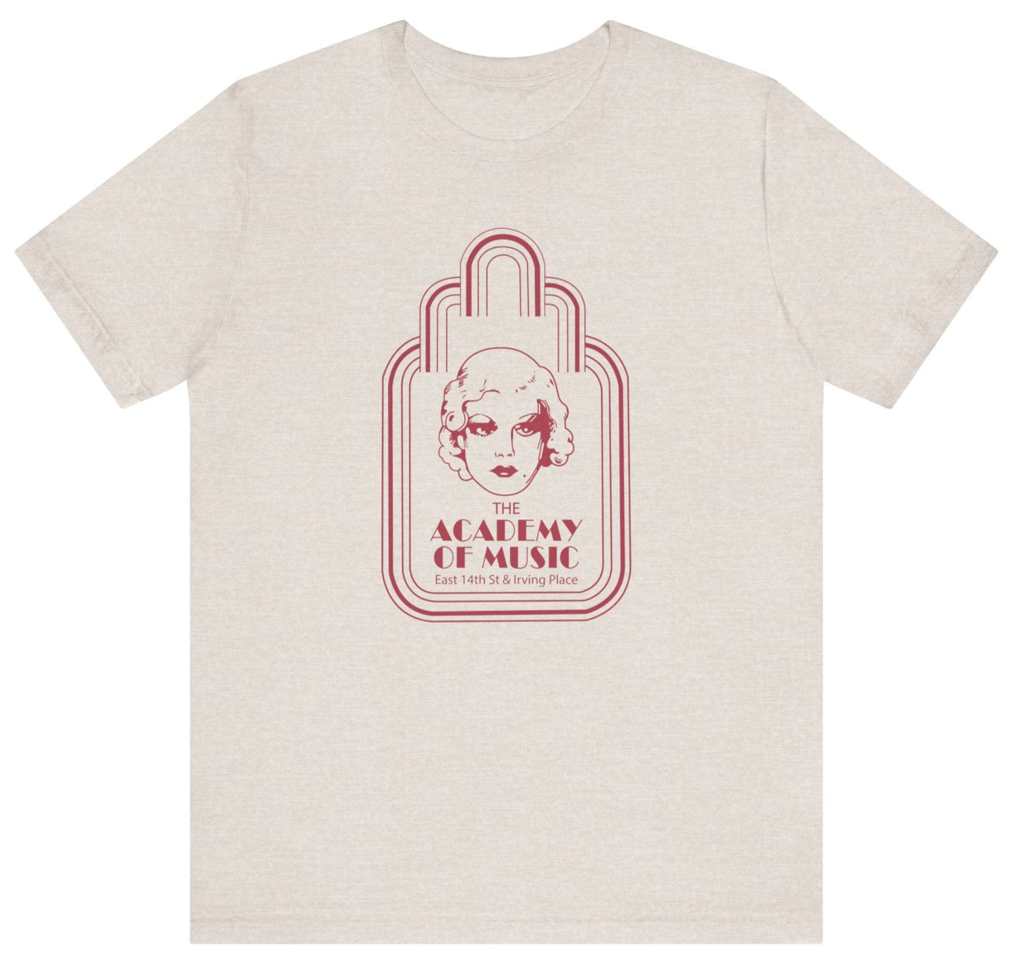 Beige t-shirt with red graphic design on a white background