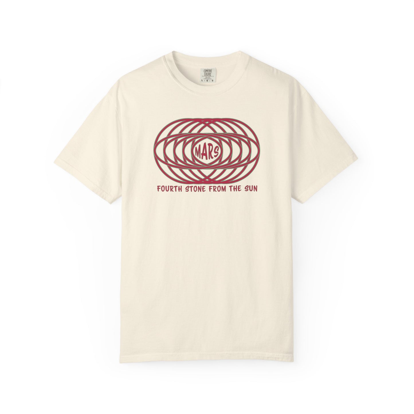 T-shirt with text "MARS" in the center of a futuristic graphic design and "Fourth Stone from the Sun" below the graphic.