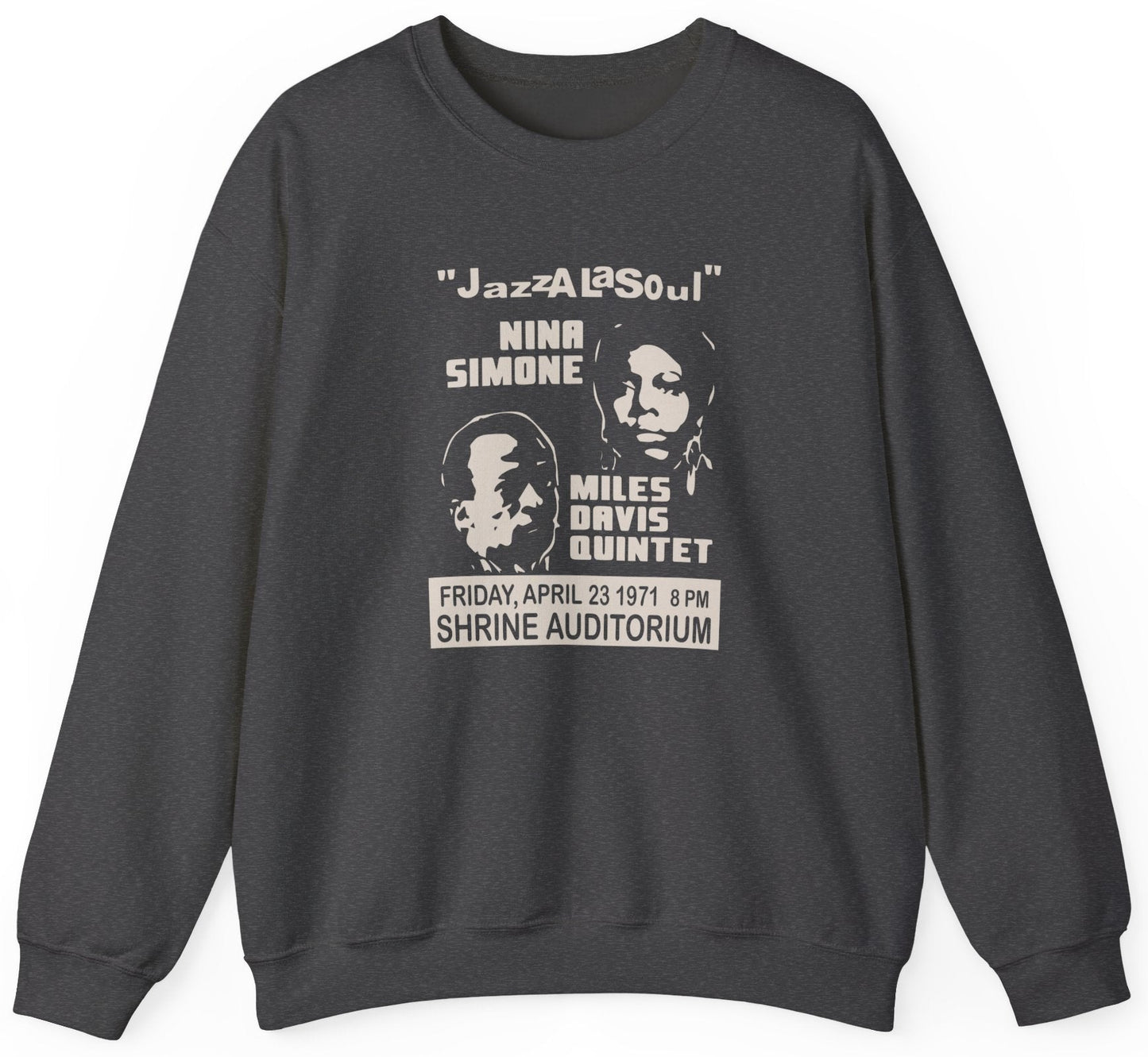 Sweatshirt with Nina Simone and Miles Davis concert graphic