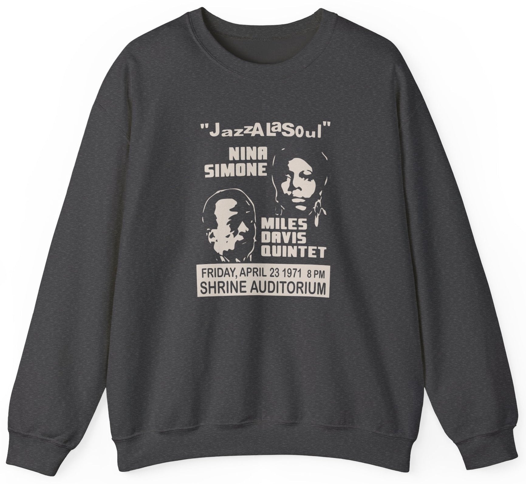 Sweatshirt with Nina Simone and Miles Davis concert graphic
