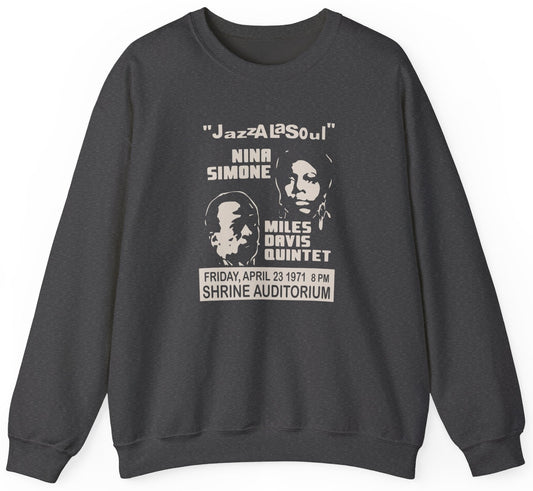 Sweatshirt with Nina Simone and Miles Davis concert graphic