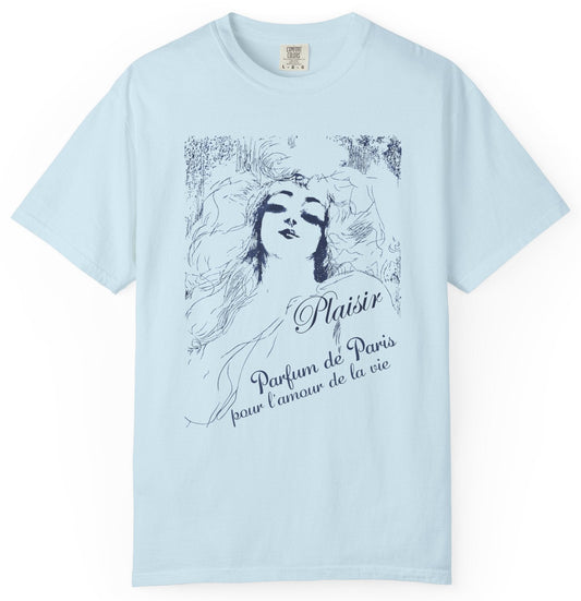 T-shirt with graphic of fictional French perfume ad.