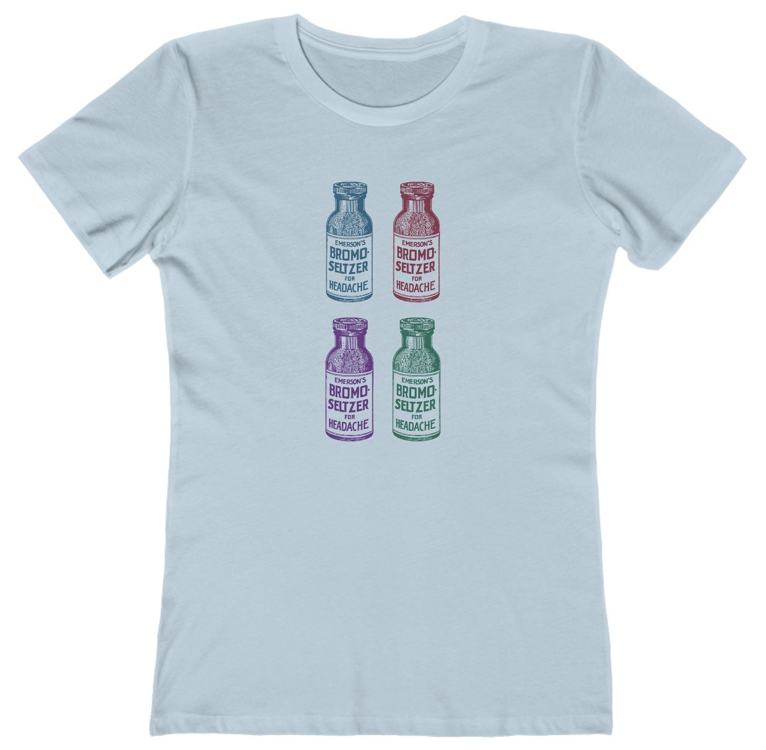T-shirt with four different colored vintage Bromo Seltzer bottle graphics.