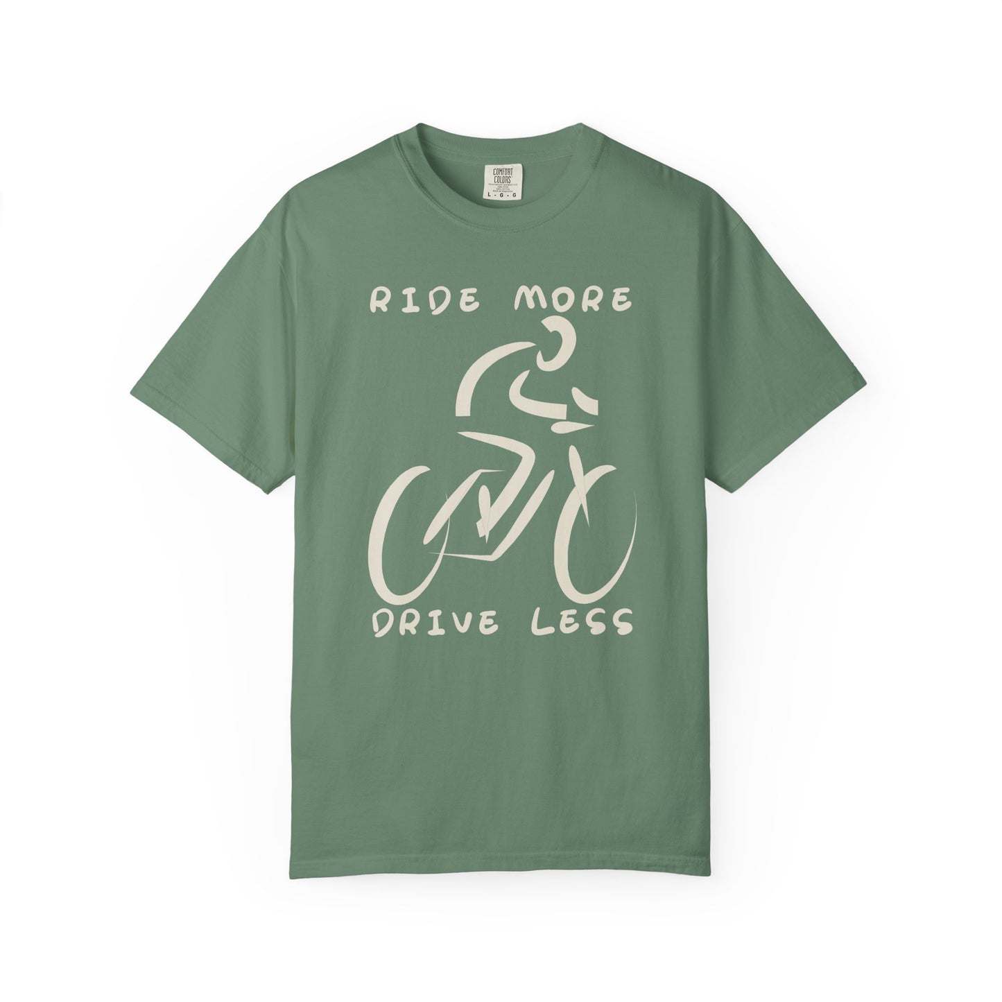 T-shirt with "Ride More Drive Less" text and minimalist cyclist graphic.