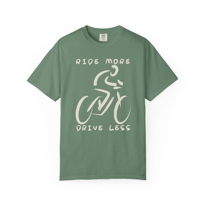 T-shirt with "Ride More Drive Less" text and minimalist cyclist graphic.