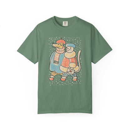 Dog and Cat on a Snowy Winter Walk T-Shirt Unisex