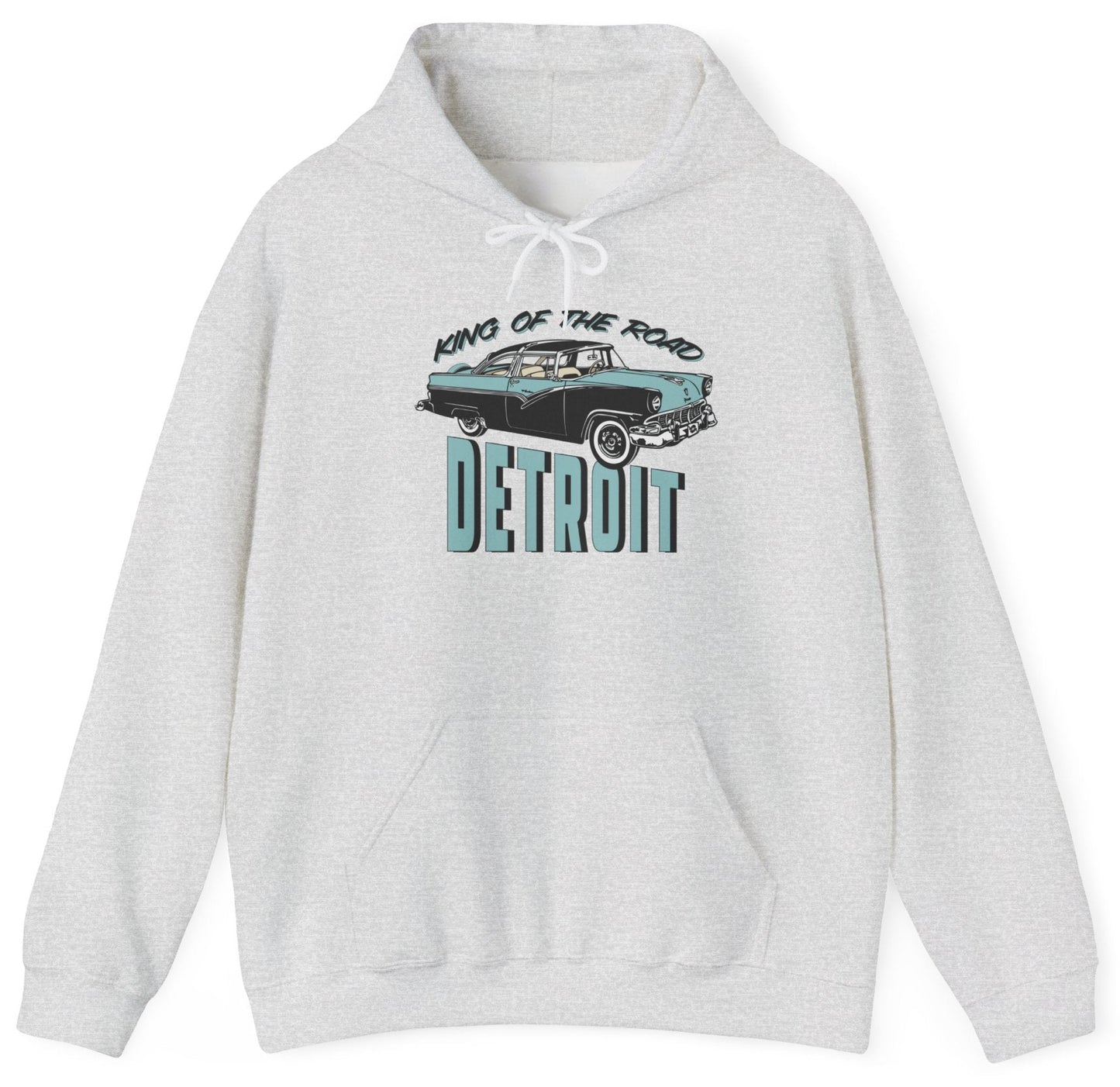 Hoodie with "King of the Road Detroit" text and classic car graphic.