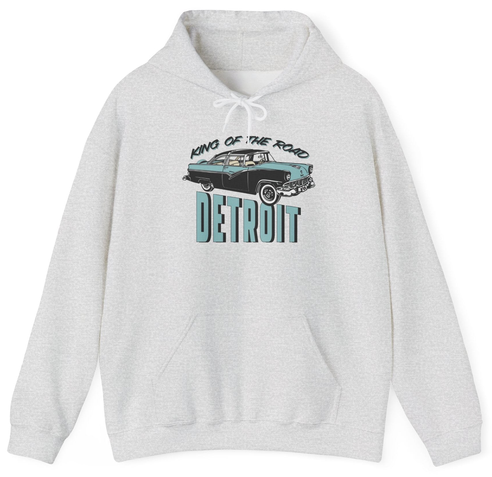 Hoodie with "King of the Road Detroit" text and classic car graphic.