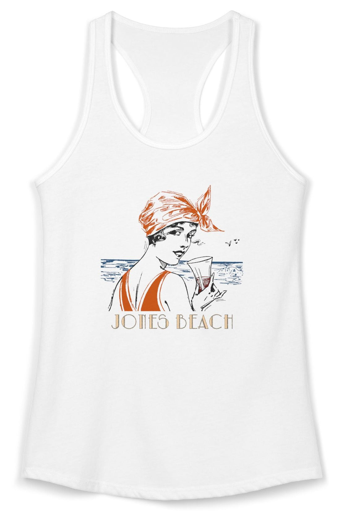 Tank top with woman at the beach graphic and "Jones Beach" text