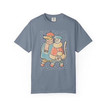 Dog and Cat on a Snowy Winter Walk T-Shirt Unisex