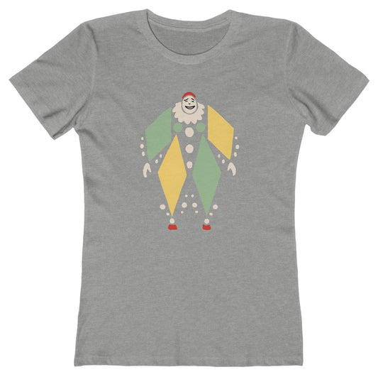 Gray t-shirt with a colorful clown graphic on a white background
