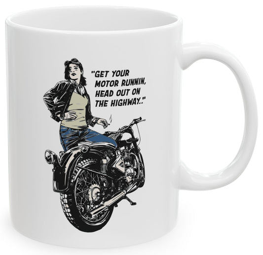 Coffee mug with a graphic of a woman on a motorcycle and lyrics from 'Born to be Wild'