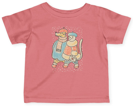 Dog and Cat Snowy Winter Walk Baby T-Shirt