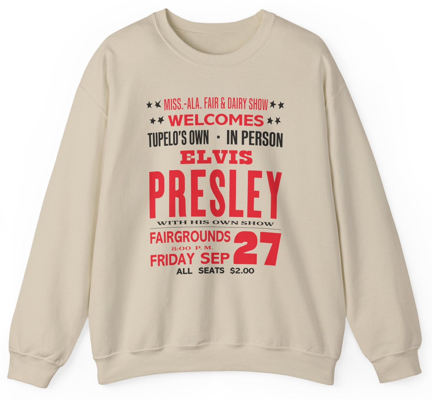 Sweatshirt with Elvis Presley state fair concert poster graphic