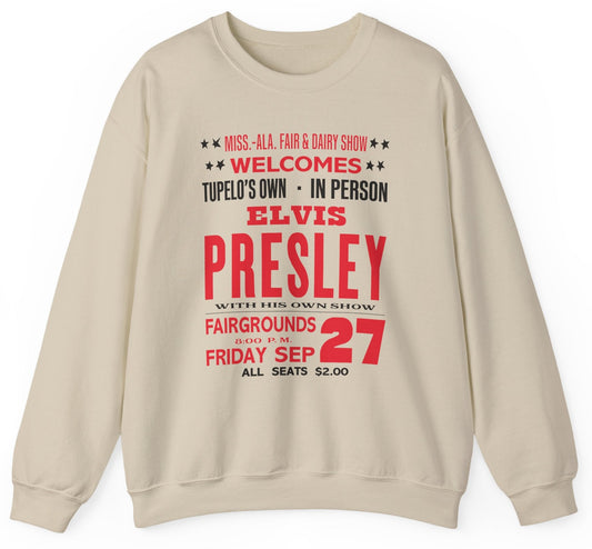 Sweatshirt with Elvis Presley state fair concert poster graphic