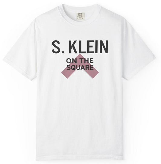 White t-shirt with 'S. Klein on the Square' text and logo on a white background