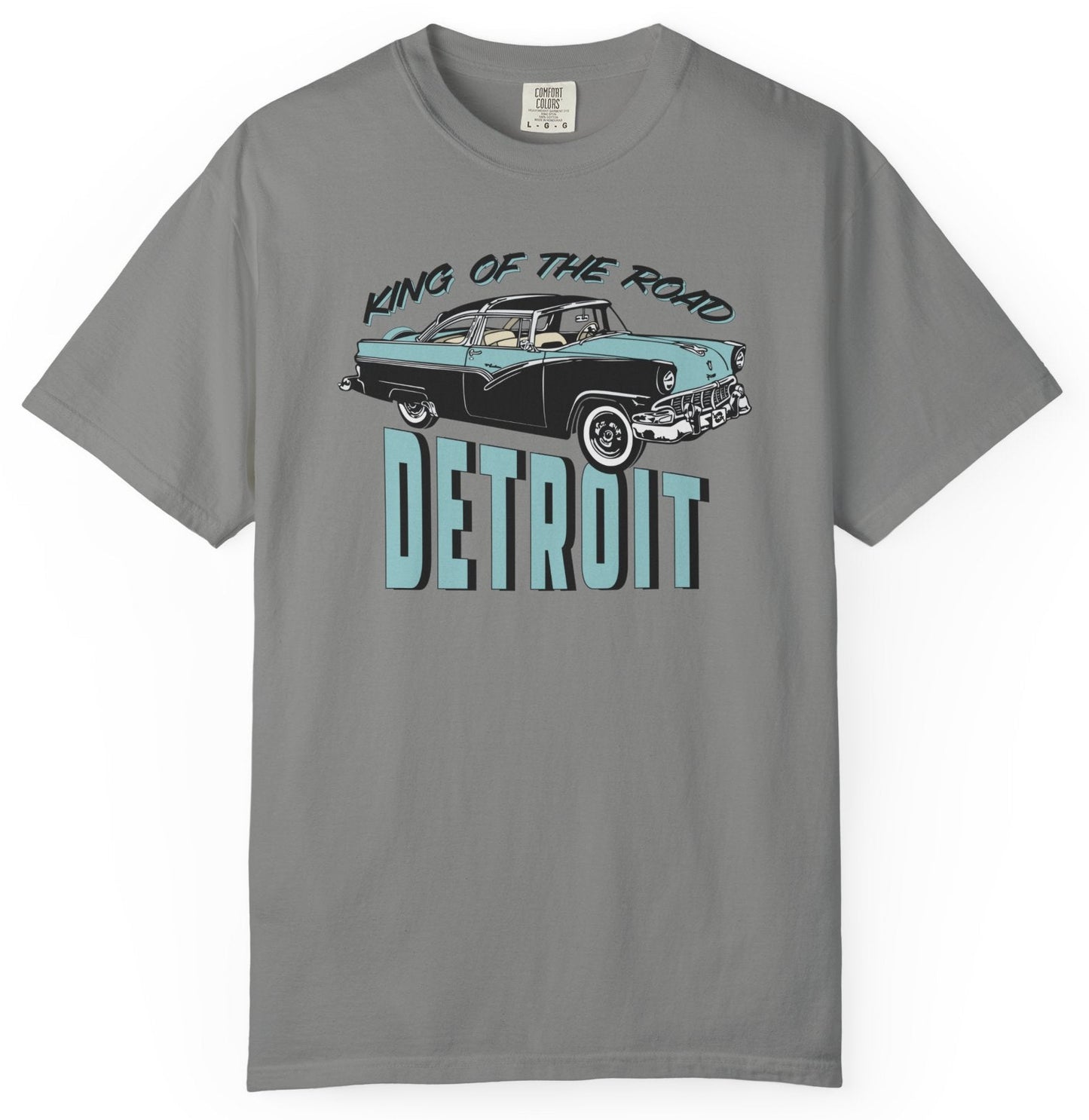 T shirt with "King of the Road Detroit" text and classic car graphic.
