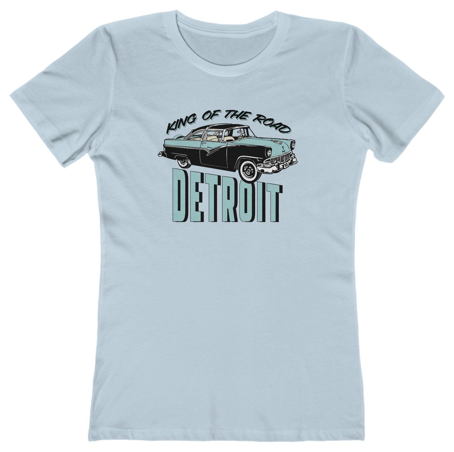 T shirt with "King of the Road Detroit" text and classic car graphic.