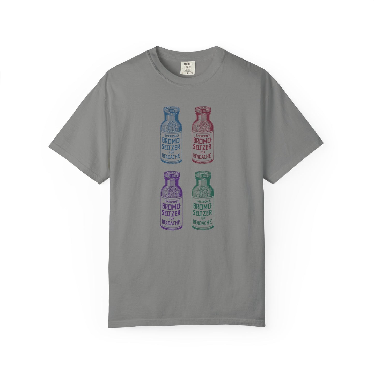T-shirt with four different colored vintage Bromo Seltzer bottle graphics.