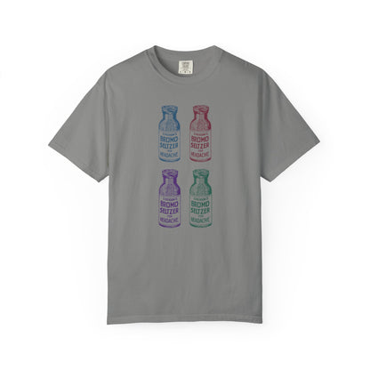 T-shirt with four different colored vintage Bromo Seltzer bottle graphics.