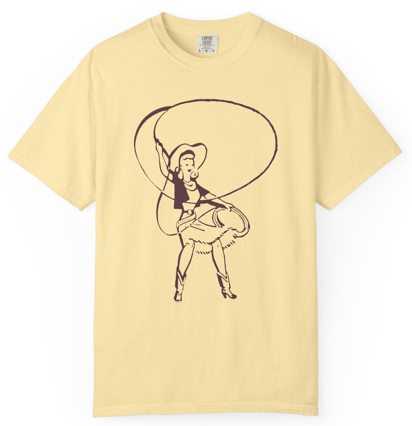 T-shirt with a graphic of a cowgirl roper with a lasso.