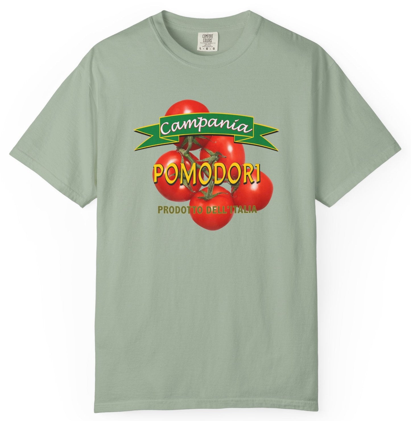 T-shirt with graphic of fresh Italian tomatoes and 'Campania Pomodori' text.