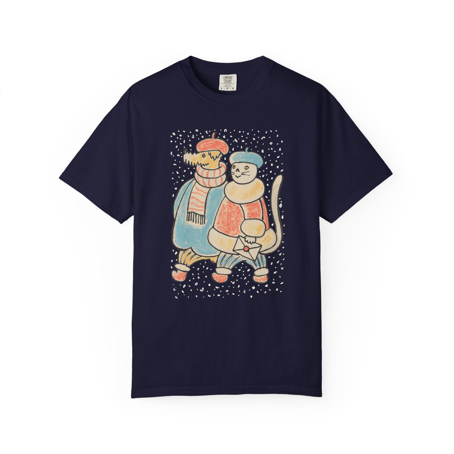 Dog and Cat on a Snowy Winter Walk T-Shirt Unisex