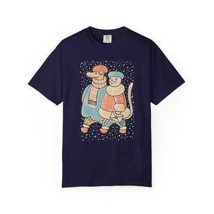 Dog and Cat on a Snowy Winter Walk T-Shirt Unisex