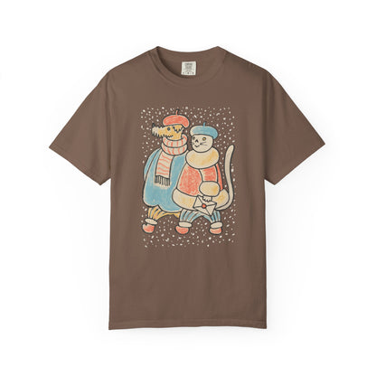 Dog and Cat on a Snowy Winter Walk T-Shirt Unisex