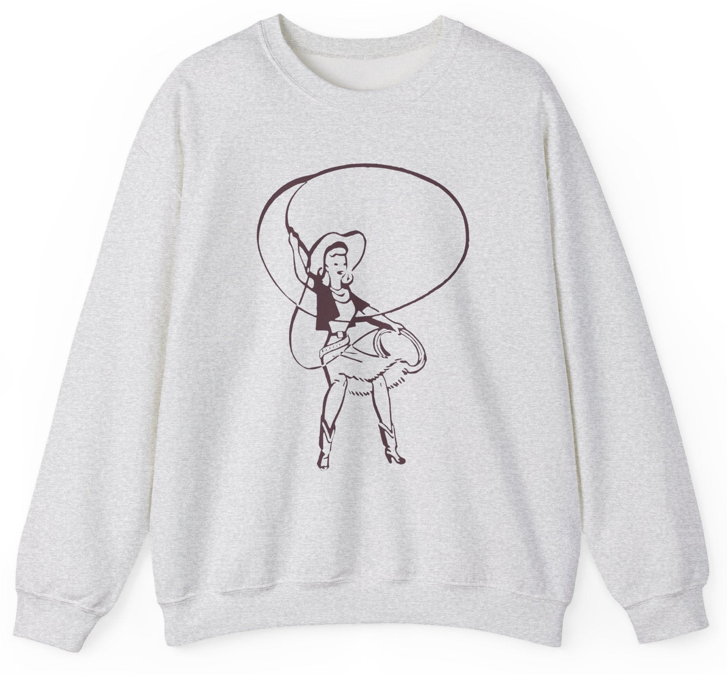 Sweatshirt with a graphic of a cowgirl roper with a lasso.