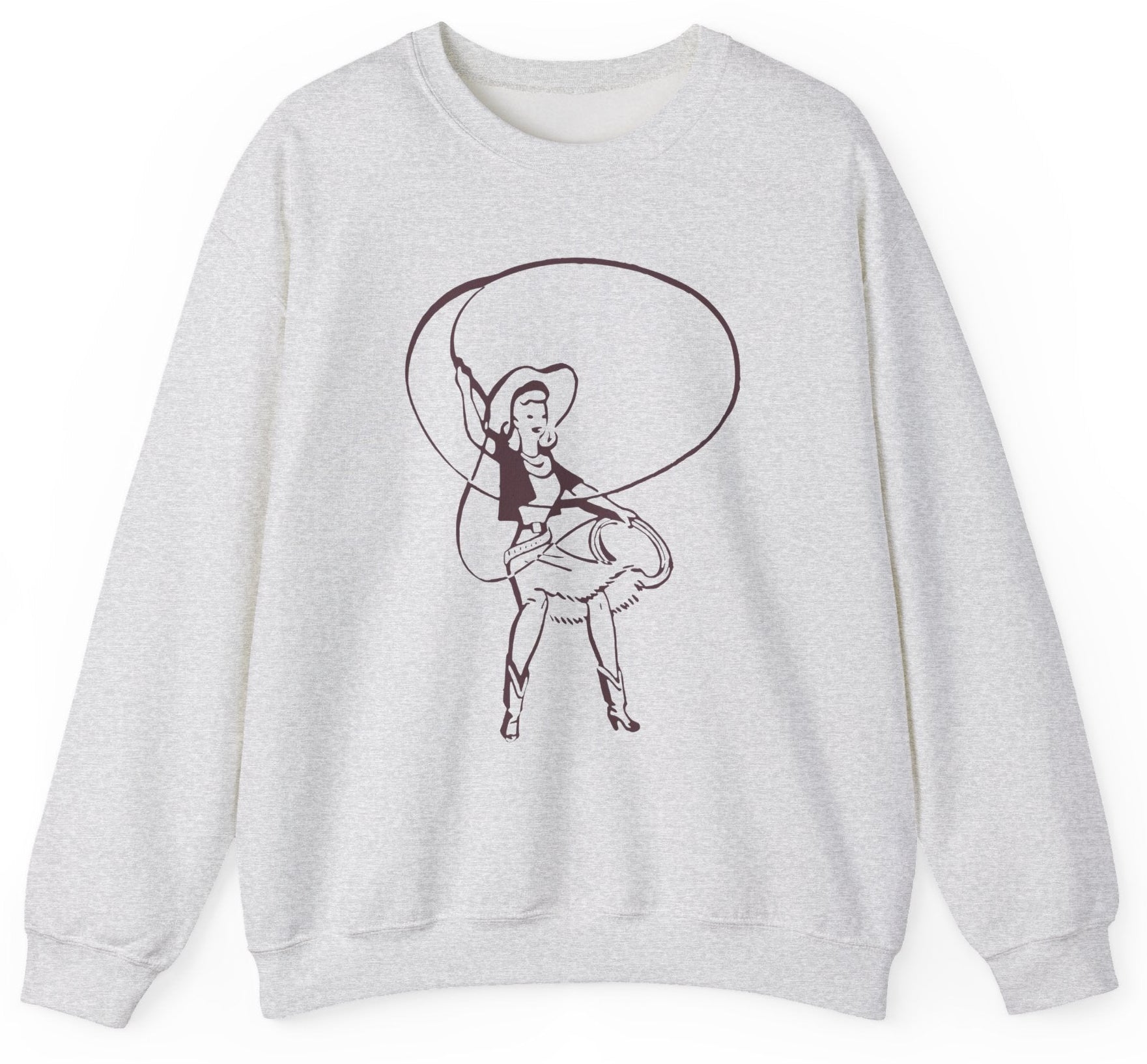 Sweatshirt with a graphic of a cowgirl roper with a lasso.