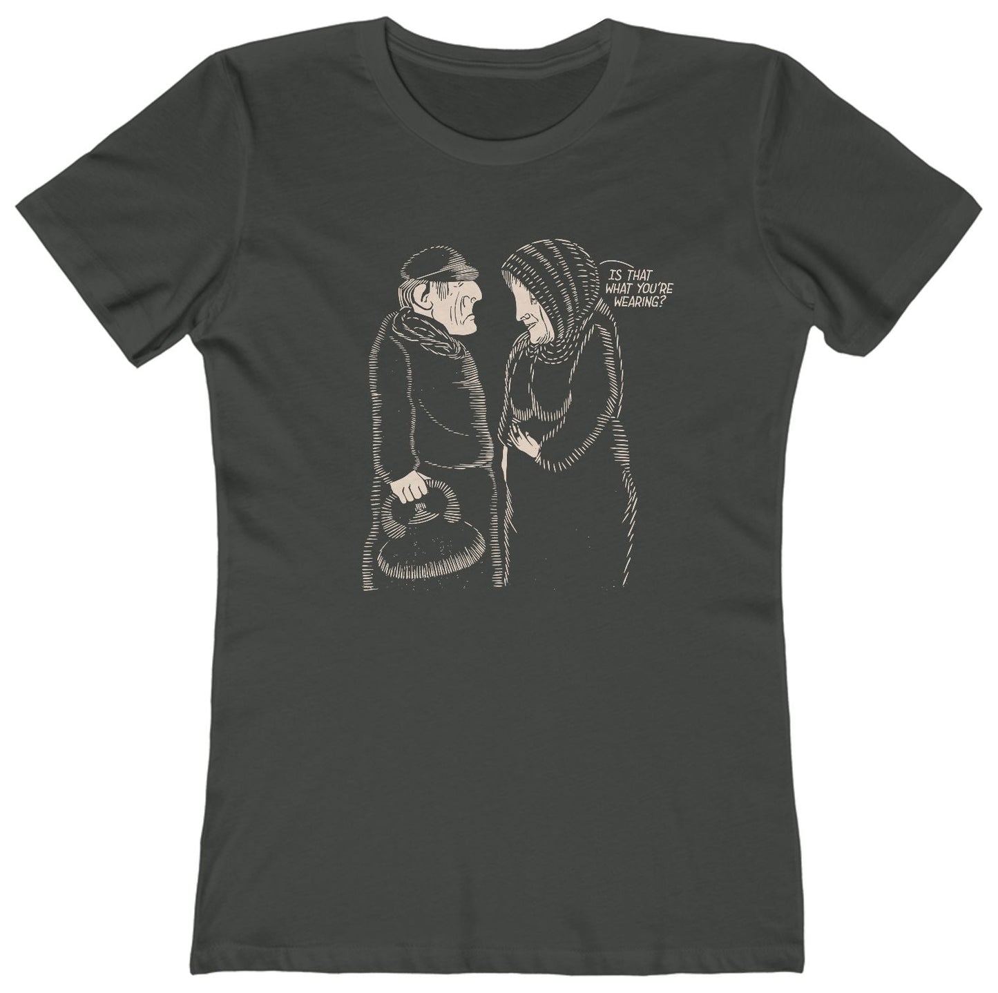 T-shirt with graphic of old couple and 'Is that what you're wearing?" text