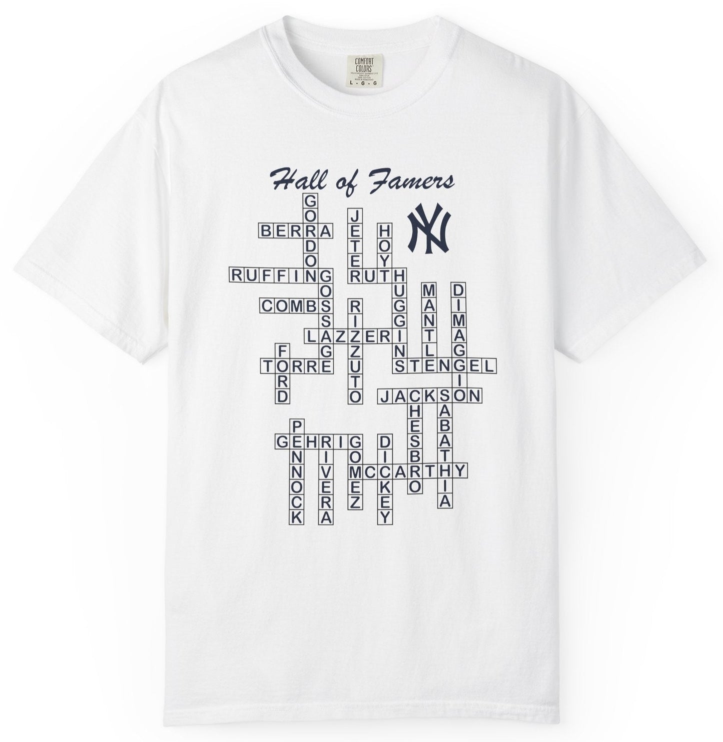 T-shirt with crossword graphic of NY Yankee Hall of Fame players.