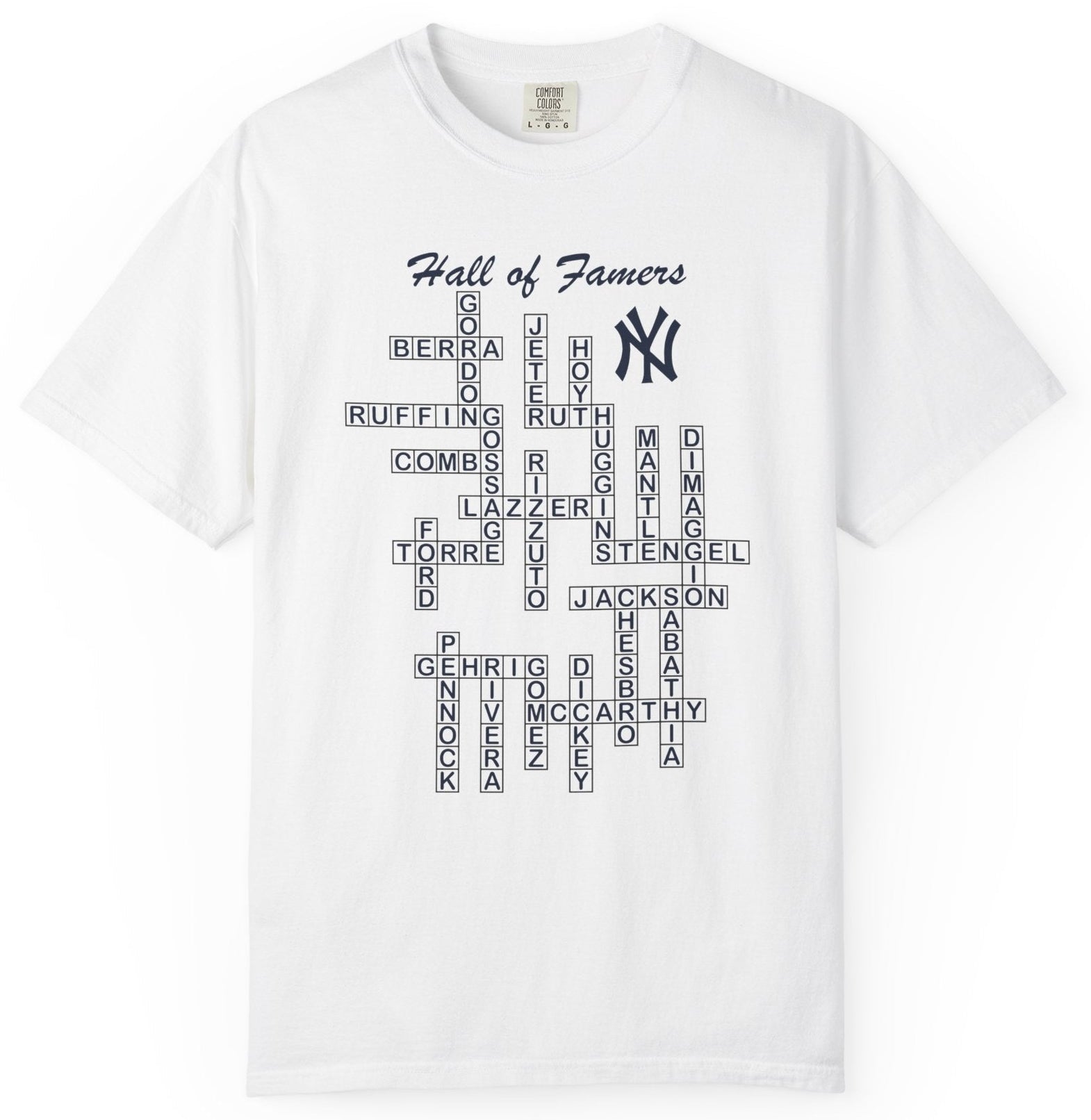 T-shirt with crossword graphic of NY Yankee Hall of Fame players.