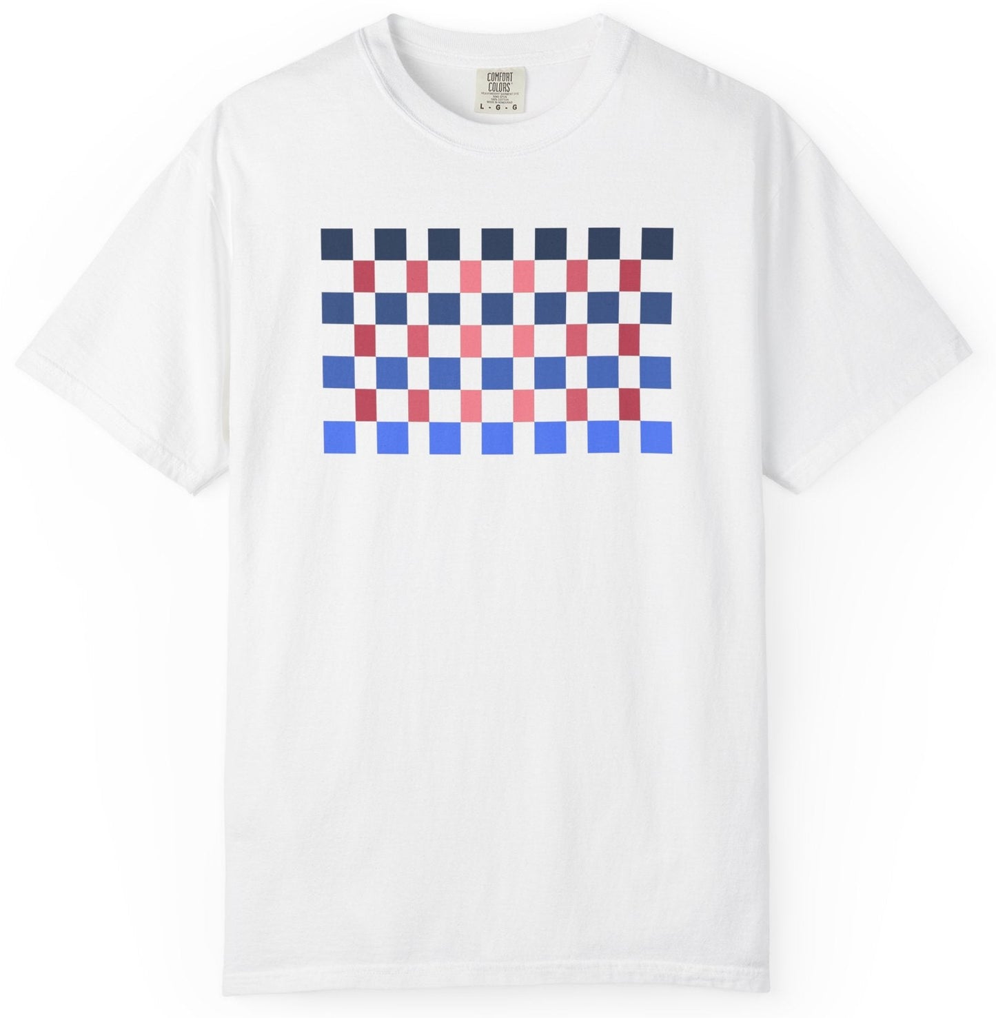 T-shirt with a blue and red geometric pattern 