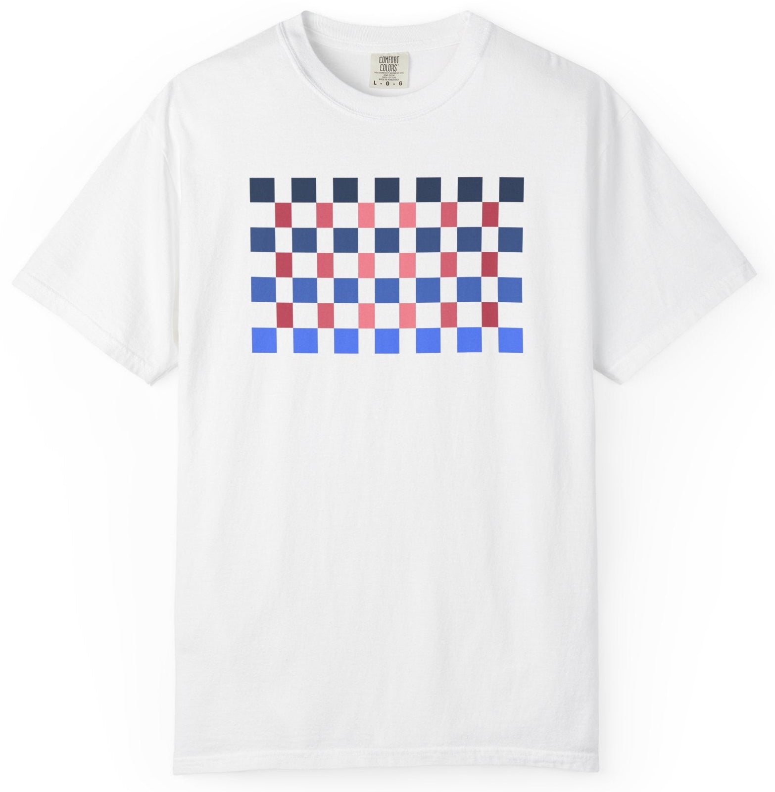 T-shirt with a blue and red geometric pattern 