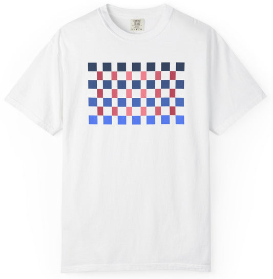 T-shirt with a blue and red geometric pattern 