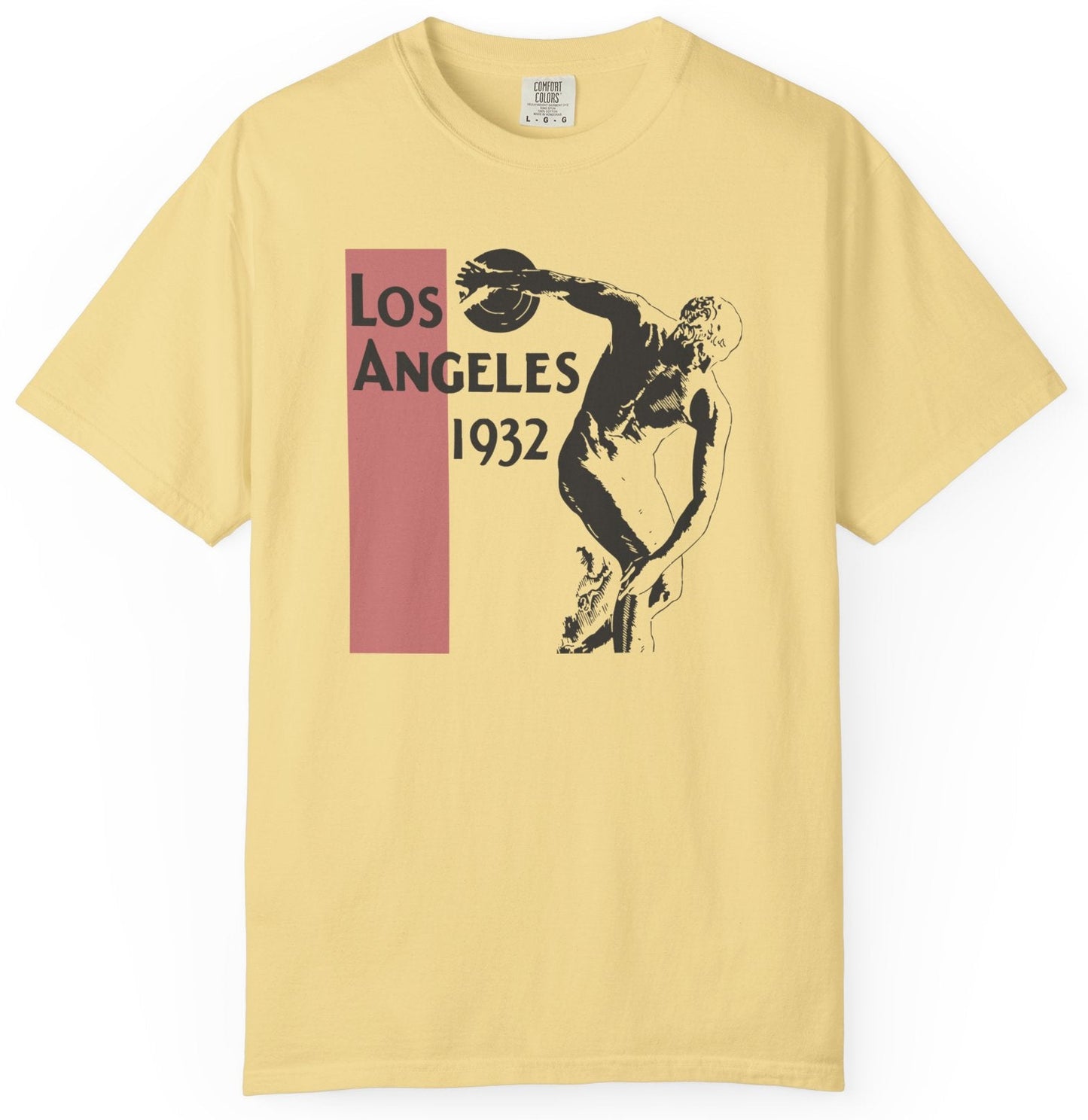 T-shirt with a graphic of a discus athlete with text 'Los Angeles 1932'
