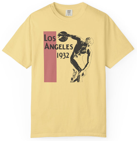T-shirt with a graphic of a discus athlete with text 'Los Angeles 1932'