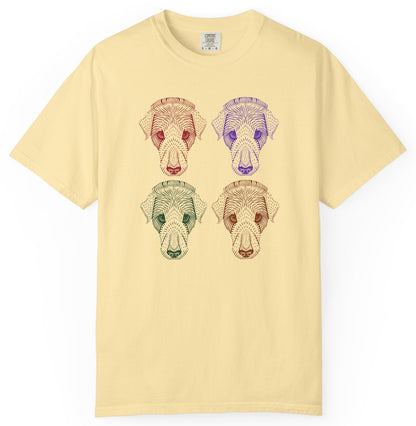 T-shirt with colorful dog illustrations.