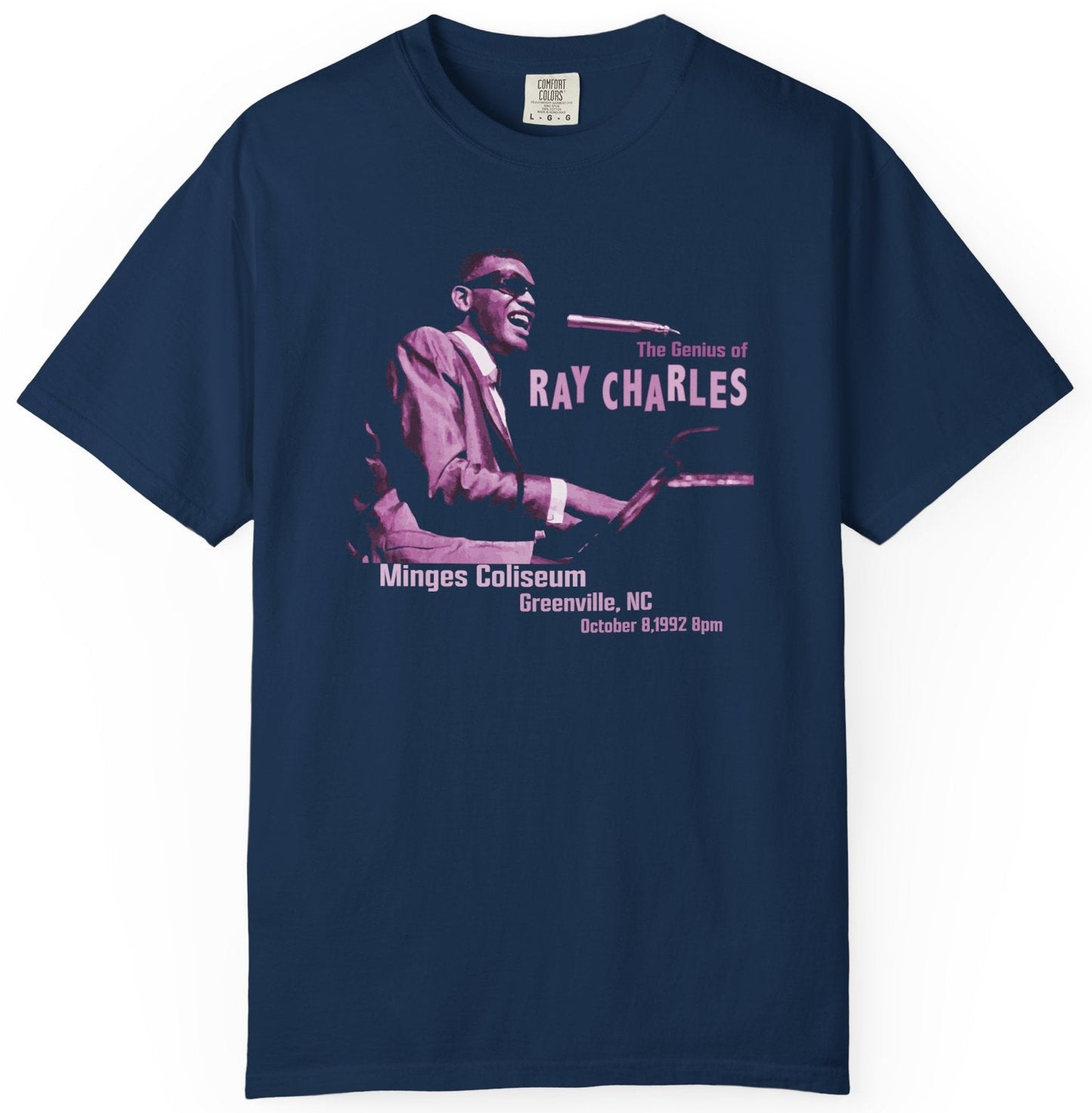 T-shirt with a graphic of Ray Charles and text 