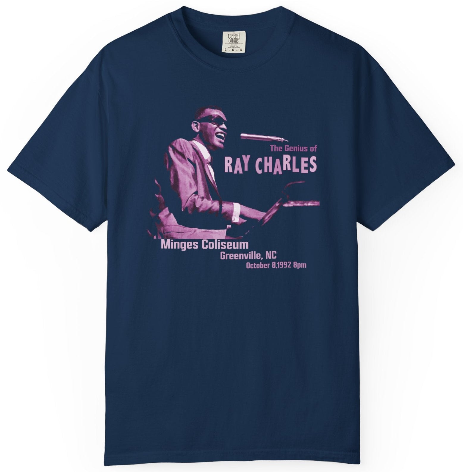 T-shirt with a graphic of Ray Charles and text 